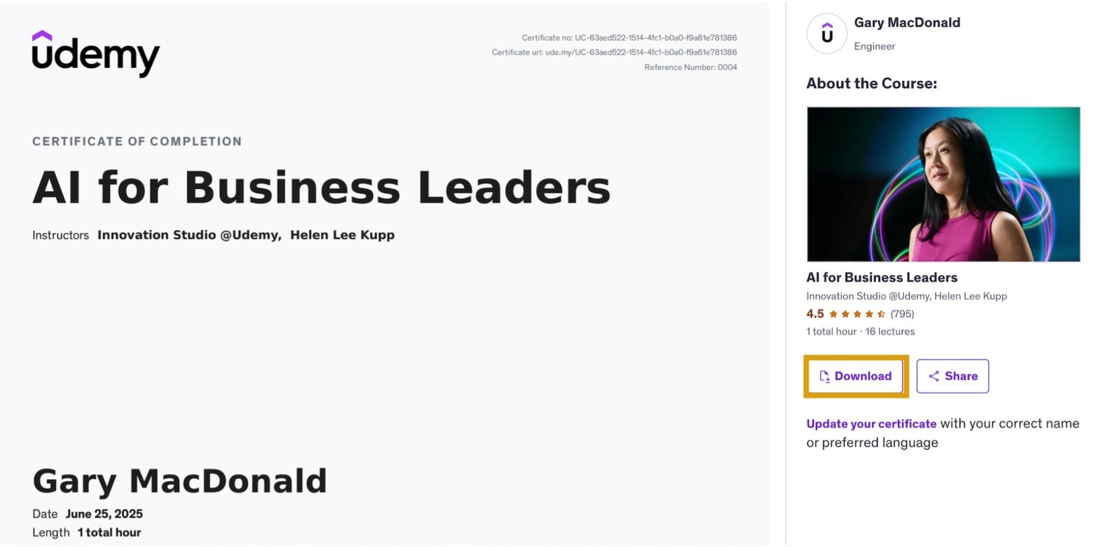 Udemy certificate of completion example