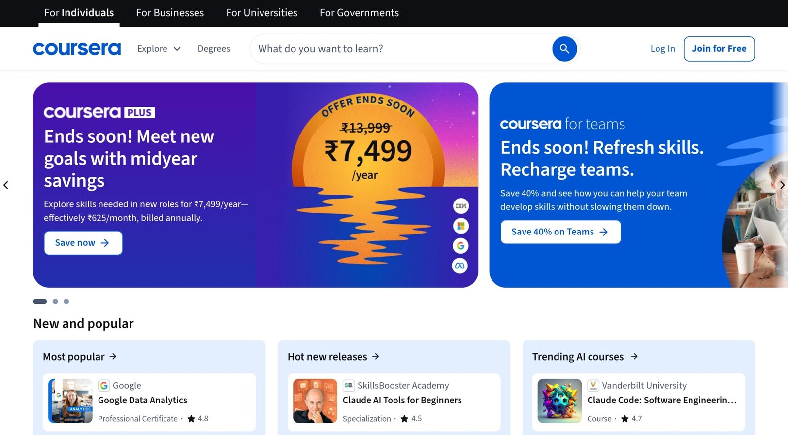Coursera homepage screenshot