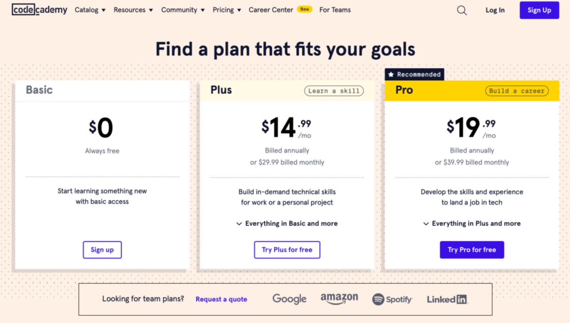 Codecademy official pricing page