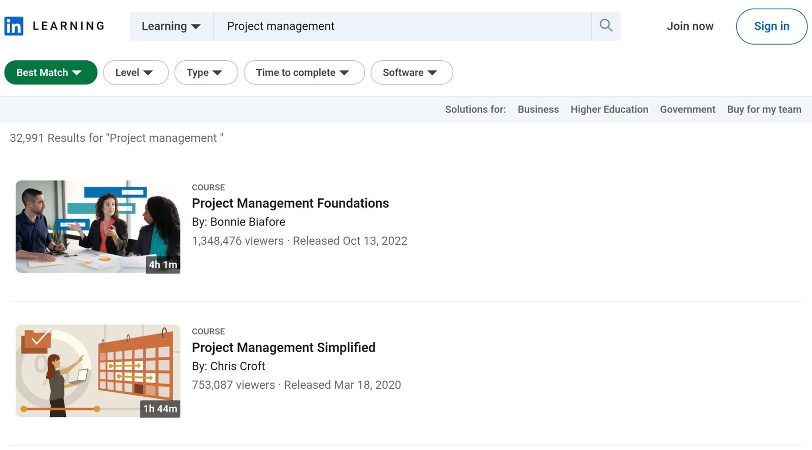 LinkedIn Learning Project Management course library search results