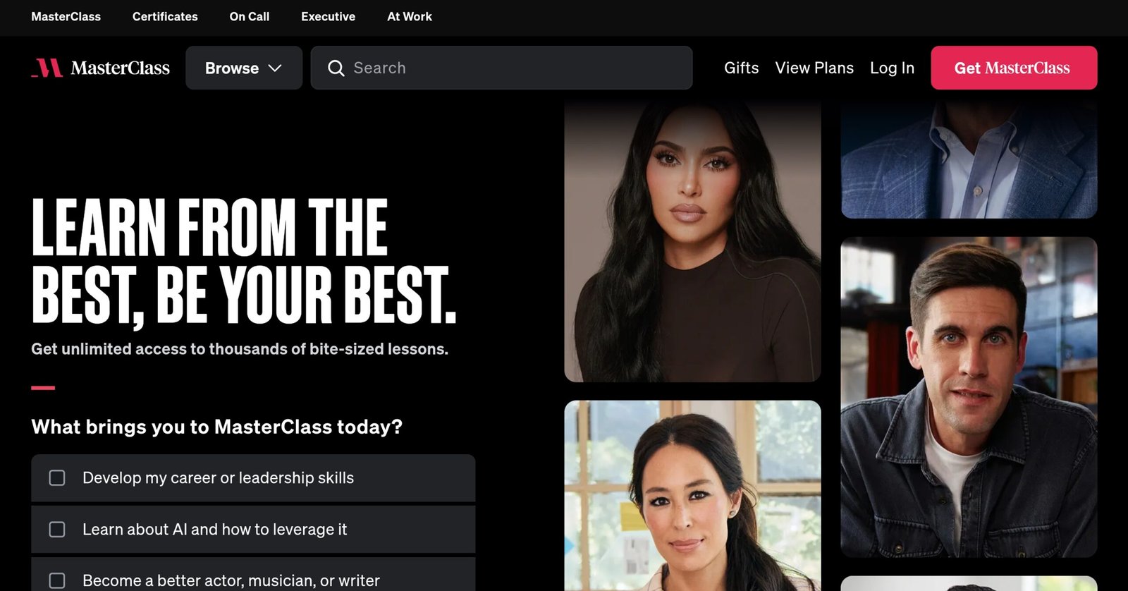 MasterClass homepage hero section with official branding and featured instructors