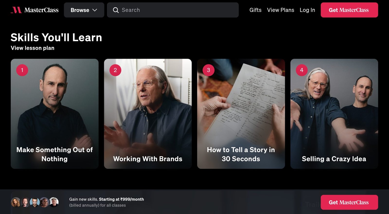 MasterClass class page showing the lesson plan and course curriculum