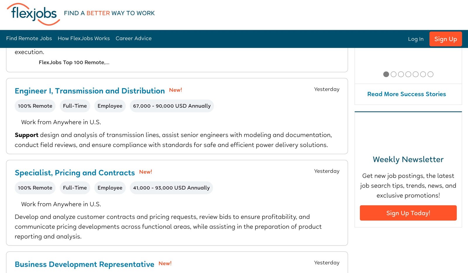 FlexJobs remote job listings page