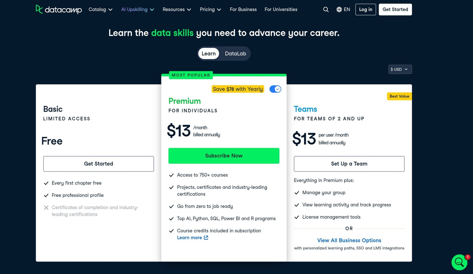 DataCamp pricing plans - Basic, Premium, and Teams