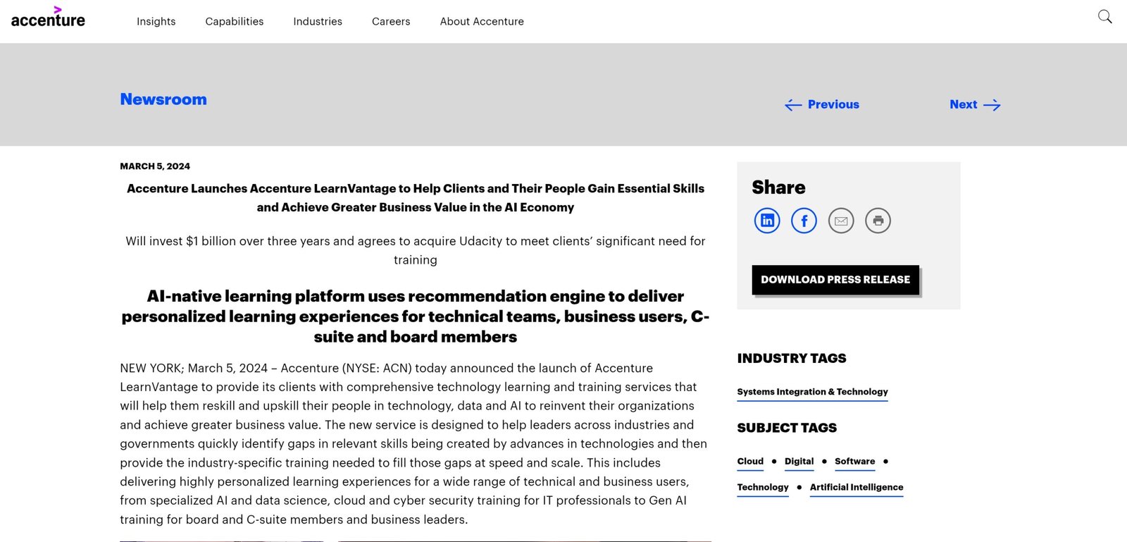 Udacity homepage or Accenture LearnVantage announcement