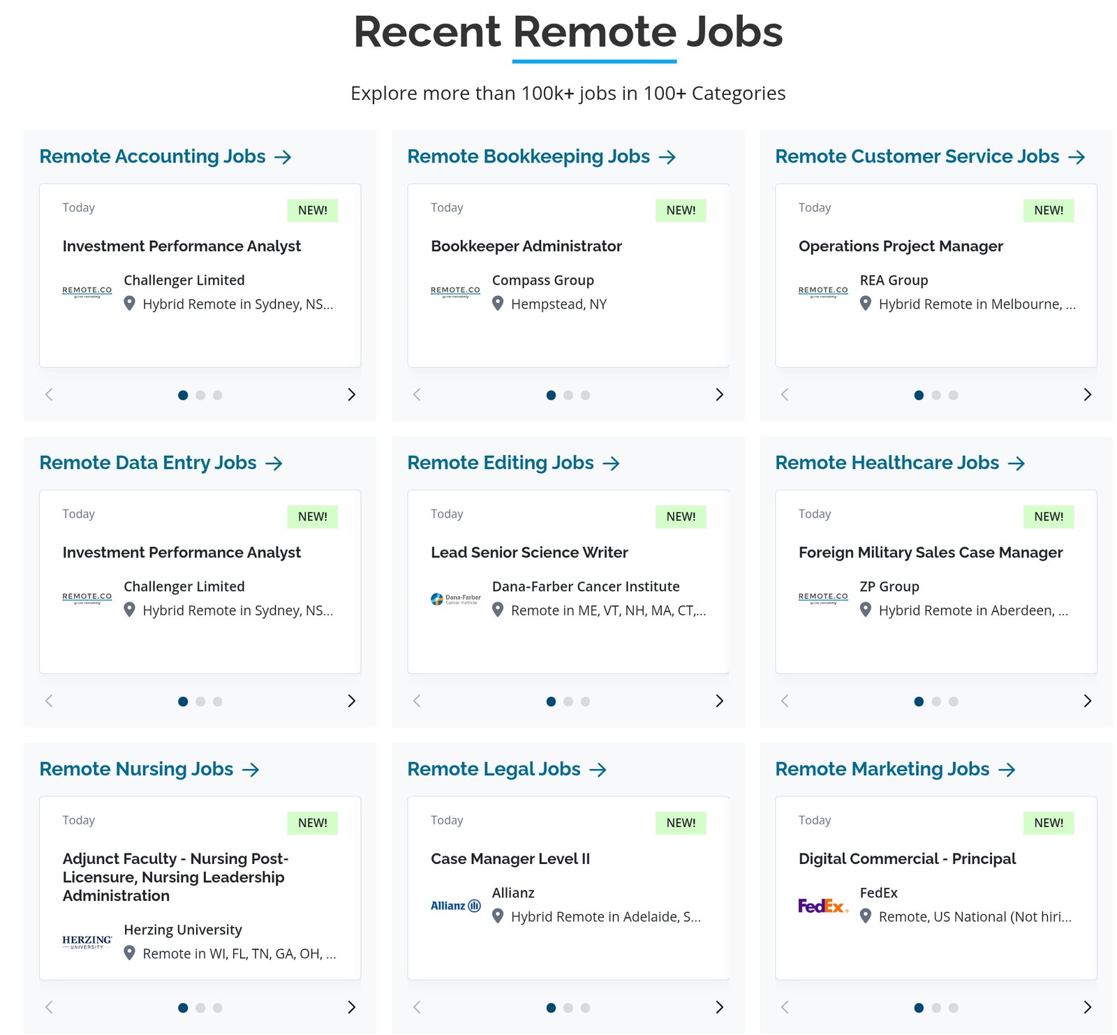 Remote.co homepage showing remote job listings