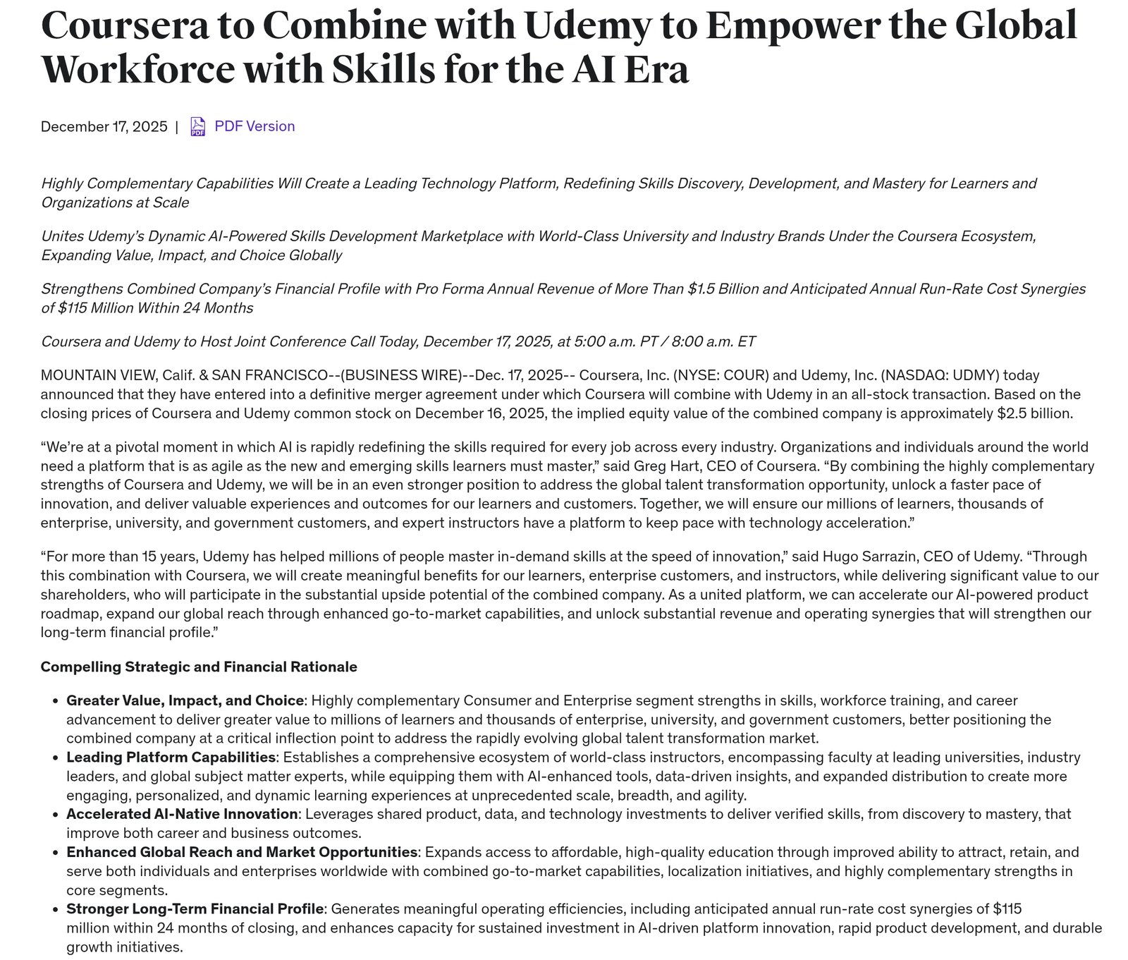 Coursera completes acquisition of Udemy - official merger announcement