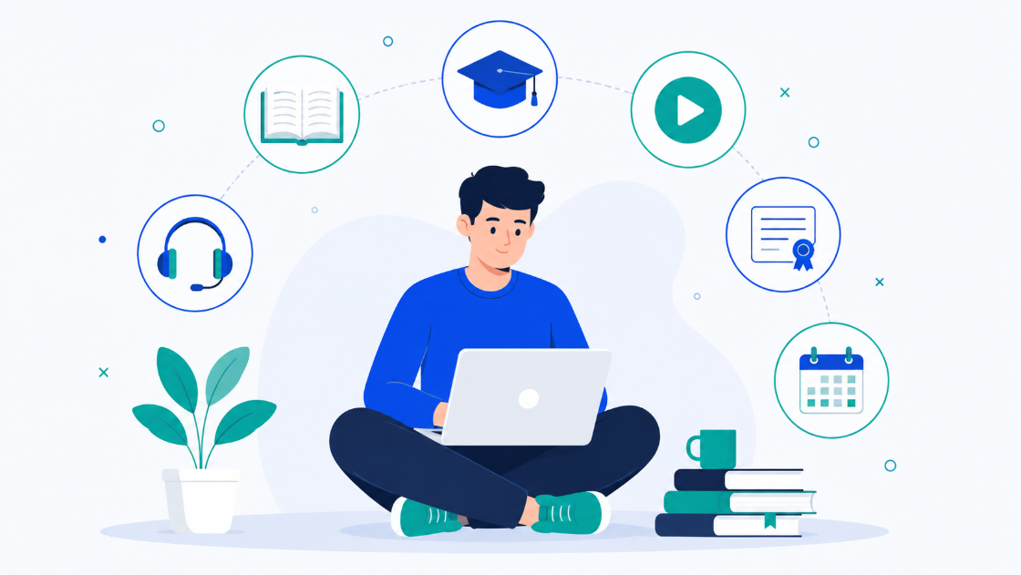 Person using a laptop surrounded by icons representing different distance learning resources