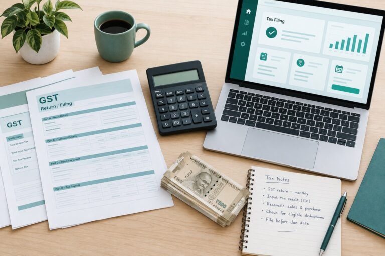 Laptop and documents for online courses in taxation, GST and ITR filing study setup