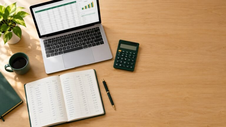 Best online bookkeeping courses UK: ledger, laptop and calculator on a desk.