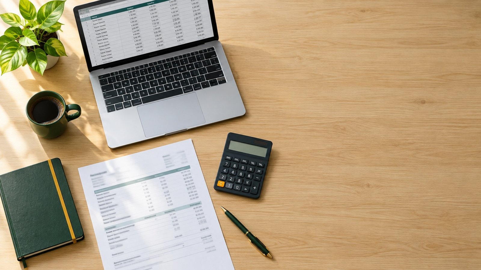 Sage payroll courses online: laptop, payslip and calculator on a desk